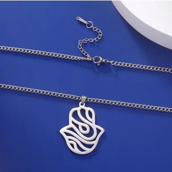 Evil Eye Modern Style Hamsa Necklace Hand Of Fatima Women's Fashion Silver - Picture 5 of 7